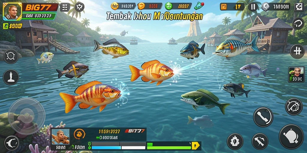 Tampilan gameplay BIG77 saat pemain memburu ikan di lautan.