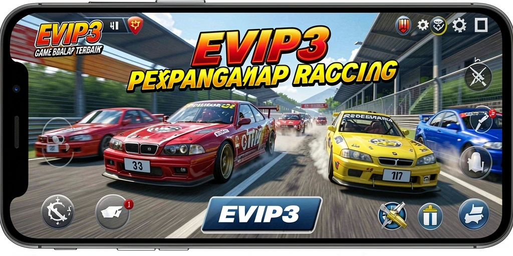 Screenshot menunjukkan aksi balap seru di EVIP3 dengan mobil yang melaju cepat.