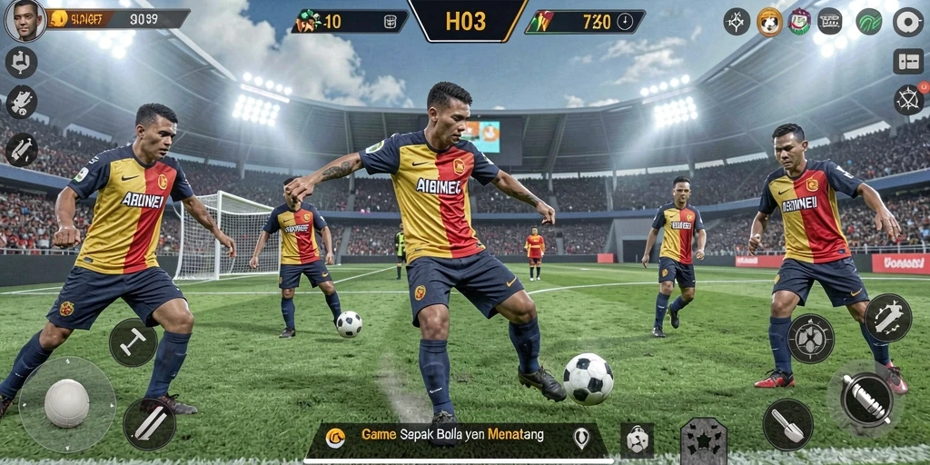 Tangkapan layar H03 menampilkan aksi sepak bola yang mendebarkan di lapangan.