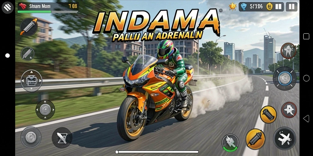Screenshot gameplay INDAAA yang menampilkan balapan motor yang seru.