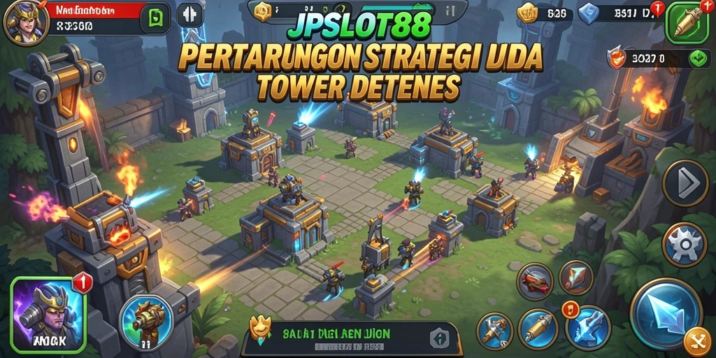 Screenshot gameplay menampilkan strategi menara Tower Defense.