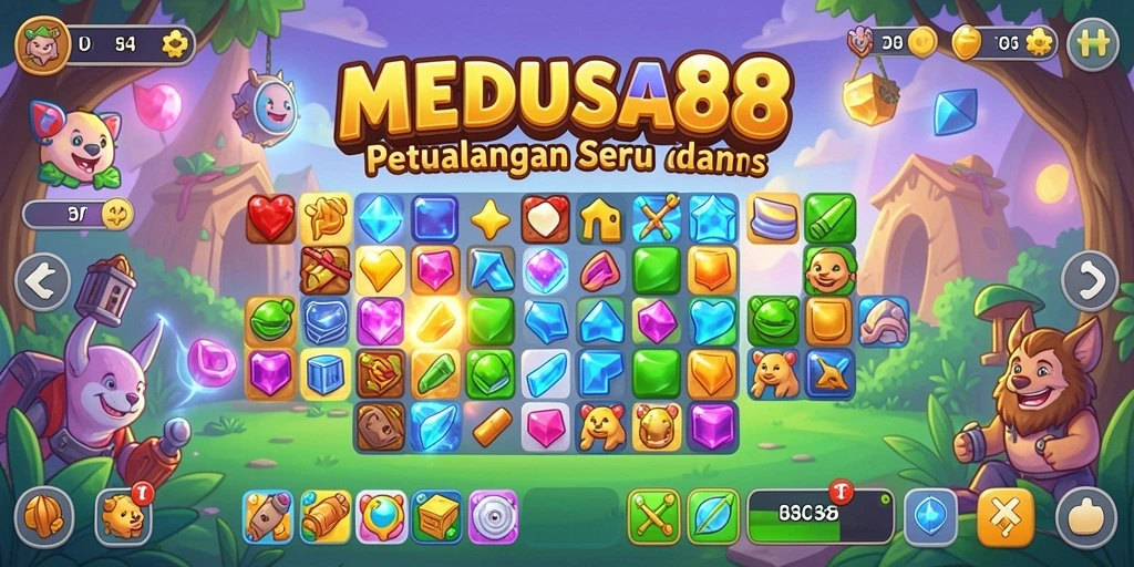 Tampilan seru gameplay MEDUSA88 yang penuh warna dan tantangan Match-3.