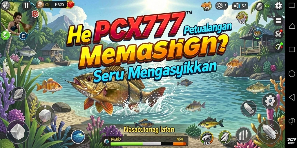 Screenshot gameplay PCX777 menampilkan aksi memancing yang mendebarkan.