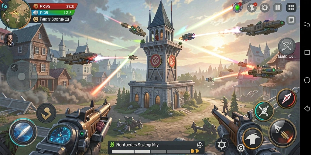 Tampilkan screenshot utama PK95 dengan gameplay menara pertahanan yang intens.