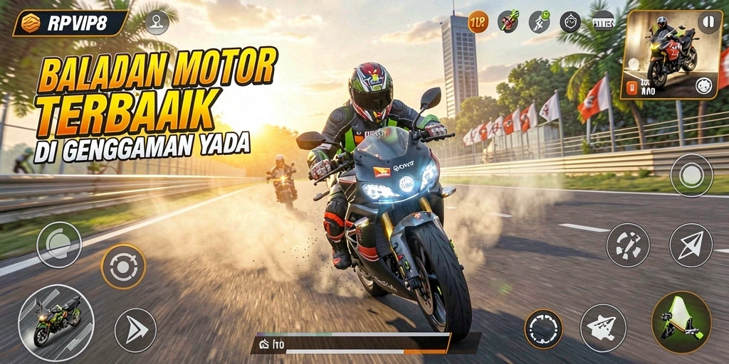 Screenshot gameplay RPVIP8 yang menampilkan aksi balapan motor yang seru.
