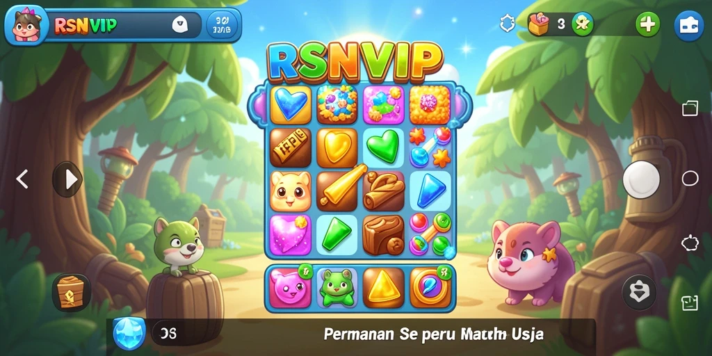 Tampilan gameplay seru RSNVIP dengan kombinasi warna-warni dalam Match-3.