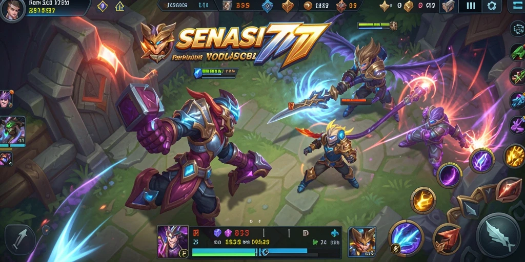 Screenshot gameplay SENSASI777 menampilkan pertarungan seru di arena MOBA.