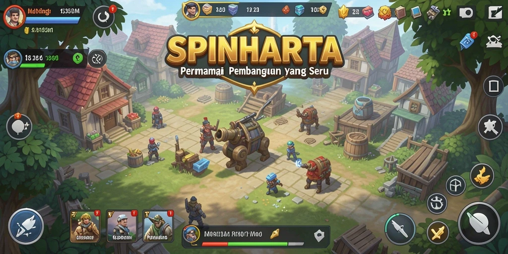 Screenshot gameplay SPINHARTA menampilkan strategi membangun kerajaan.