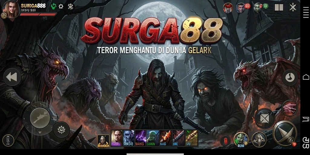 Screenshot utama menunjukkan aksi menegangkan di gelapnya SURGA88.