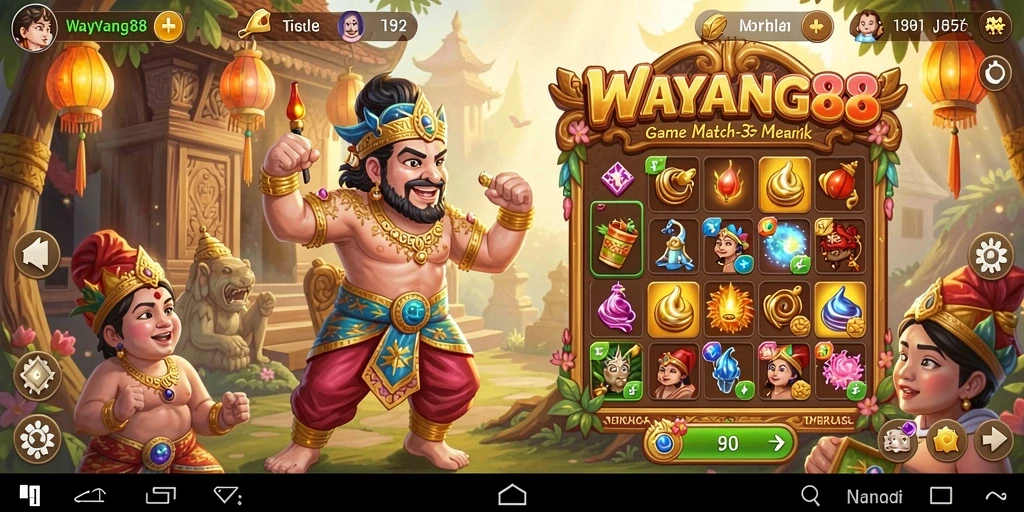 Screenshot utama WAYANG88 menampilkan gameplay Match-3 yang seru.